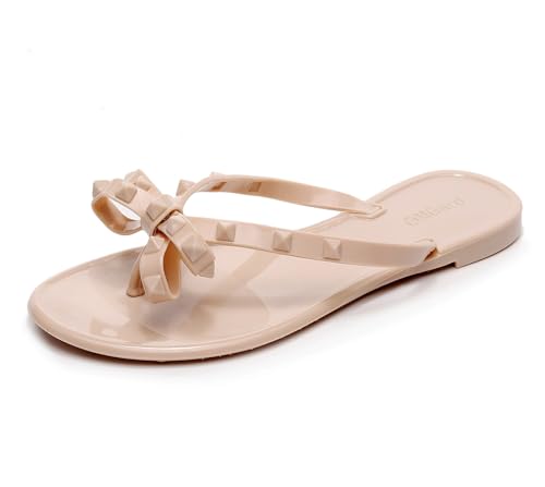 Image of Studded Jelly Shoes for Womens Bow Flip Flops Jellies Sandals Flat Black Summer Beach Thong with Rivets Strappy Slides Slip On
