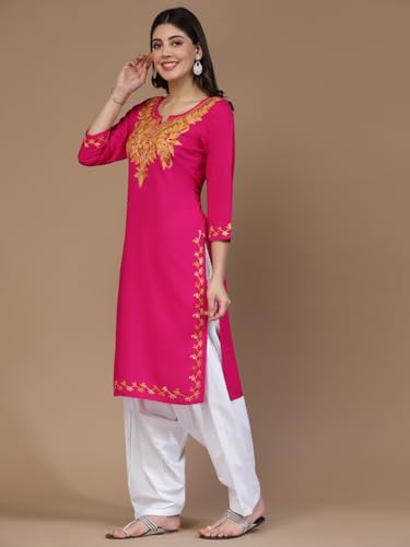 Image of QAZMI Women's Rayon Cotton Straight Keyhole Neck Three-Quarter Sleeves Kashmiri Embroidery Kurti