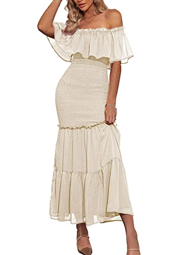Berrygo Women's Elegant Maternity Off The Shoulder Ruffle Bodycon Maxi Dress Smocked Bridesmaid Wedding Guest Dress For Photoshoot Spark Apricot,L #TOP27