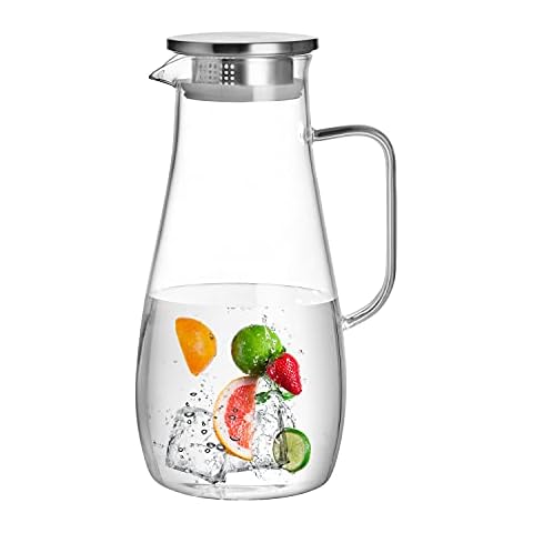 CnGlass 68oz/2000ml Glass Water Jug with Stainless Steel Lid Pitcher Water Carafe,Borosilicate Glass Water Jug for Juice,Tea Beverage Cover