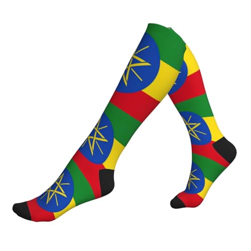 DUWAA Chaussettes de compression avec motif drapeau de l'Éthiopie pour homme et femme - Chaussettes de compression pour la circulation sanguine - Chaussettes athlétiques, 2 Noir-2, Taille unique