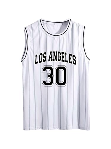 Floerns Men's Sleeveless Basketball Jersey Shirt Striped Letter Crew Neck Gym Tank Top White and Black X-Large