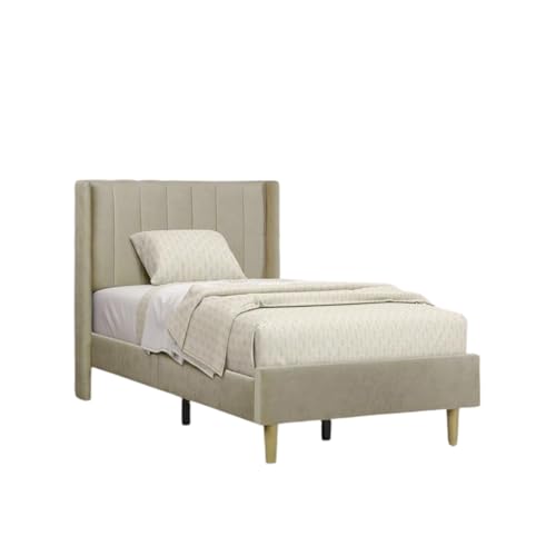 Image of Modern Upholstered Single Size Bed Without Storage | Single Size Bed for Bedroom with Headboard | Palang Furniture for Guest Room, Hotels and Home | Beige, (Beige)