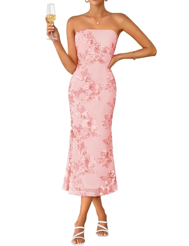 ZESICA Women's Summer Strapless Floral Midi Dress 2026 Bodycon Mesh Tube Wedding Guest Cocktail Party Formal Dresses Pink Small