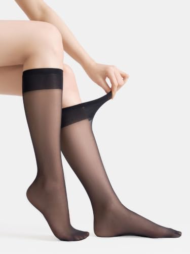 Image of leg elegant Sheer Knee High Stockings for Women, 6 Pairs Knee High Transparent Toes Nylons Pantyhose for Women