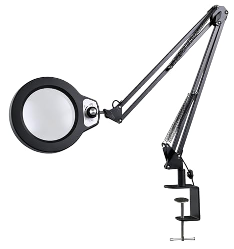 Lámpara Lupa LED 5 dioptrías, Lente de Vidrio 125 mm, Brazo articulado hasta 100 cm, Abrazadera de Acero 6,4 cm, Anillo Regulable, Adaptador 12 V