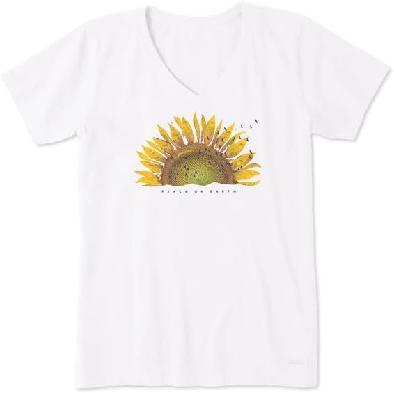 Life is Good Women's Sunflower Dew Peace on Earth Short Sleeve Crusher Vee (X-Small, Cloud White)