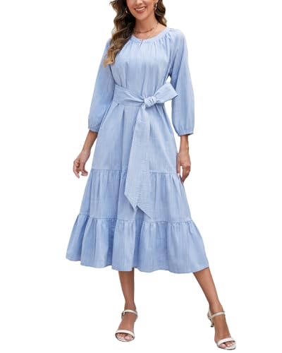 Image of YEXPINE Women's Ruffle Maxi Dress Puff Sleeve Flowy Tiered Long Dress with Belt