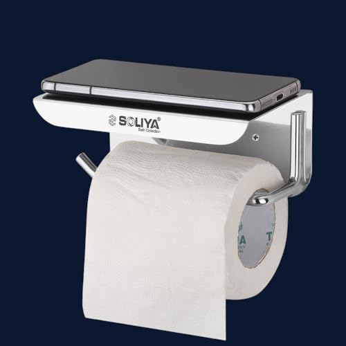 Image of Stainless Steel Toilet Paper Holder | with Mobile Stand | Toilet Paper Roll Holder for Bathroom | Wall Mounted Tissue Paper Holder with Shelf for Bathroom