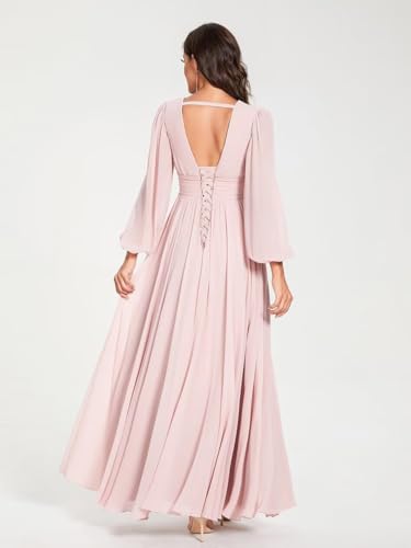 Women's V-Neck Bridesmaid Dresses with Long Sleeves Split Pleats Chiffon Formal Evening Party Dress for Wedding VT0012