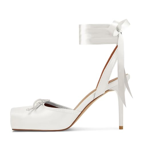 Image of Satin Ballet Heels for Women with Bow Square Toe Ballerina Stiletto Heels Lace Up High Heel Slingback Pumps Strappy Mary Janes Cute Elegant Party Shoes