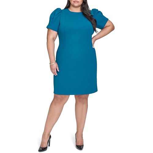 Image of DKNY Women's Short Puff Sleeve Knee Length Sheath Dress with Exposed Back Zipper