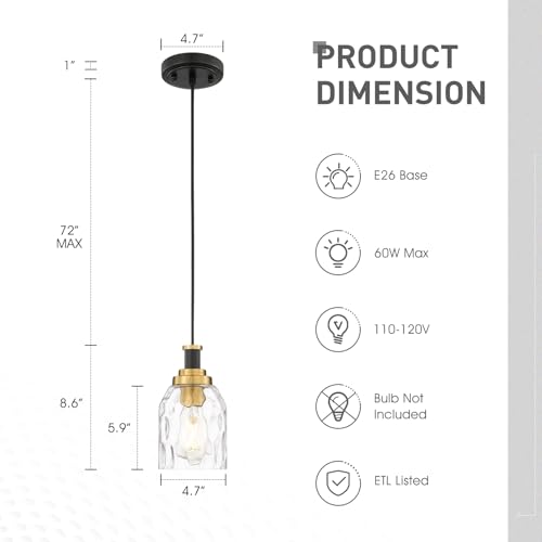 Image of zeyu Pendant Light 2 Pack, Vintage Adjustable Hanging Light for Hallway, Haning Light Fixture Ceiling with Water Ripple Glass Shade, Black and Gold Finish, ZG33M1L-2 BK+BG-WG