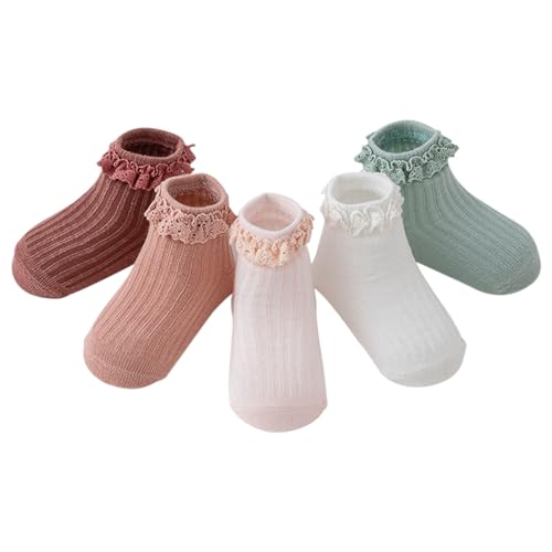 Meeshine Baby Toddler Girls Anti Slip Ruffle Socks with Grips Newborn Infant Cotton Non Skid Frilly Dress Socks, 5 Packs4