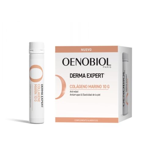 OENOBIOL - DERMA EXPERT COLÁGENO MARINO 10G - Complemento Alimenticio Antienvejecimiento, Antiarrugas y Elasticidad de la Piel, Sabor Naranja-Melocotón, 10 Shots Líquidos