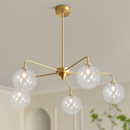 Image of Mid Century Modern Sputnik Chandelier Brass 5 Light Gold Chandelier Clear Glass Globe Sputnik Chandelier for Dining Room Bedroom Kitchen