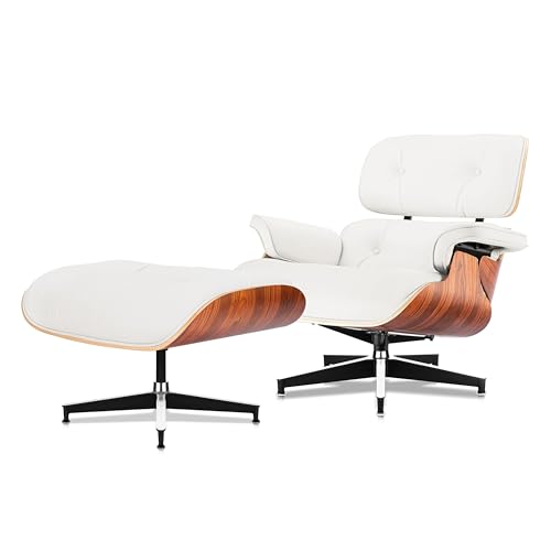 Image of Top White Grain Leather, Mid Century Chaise Lounge Chair and Ottoman, Modern Chair Classic Design, Palisander Wood, Heavy Duty Base Support for Living Room Office