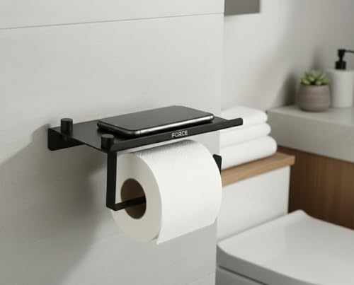 Image of Force Toilet Paper Roll Holder with Built-in Mobile Stand Shelf - Premium Stainless Steel Wall-Mounted Bathroom Tissue Holder | Rust-Resistant, Space-Saving, Modern Design (Black)