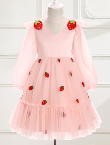 IDOPIP Toddler Girls Tutu Dress Mesh Long Sleeve Strawberry Heart Valentine Birthday Party Dresses Pageant Ruffle Tulle Gown3
