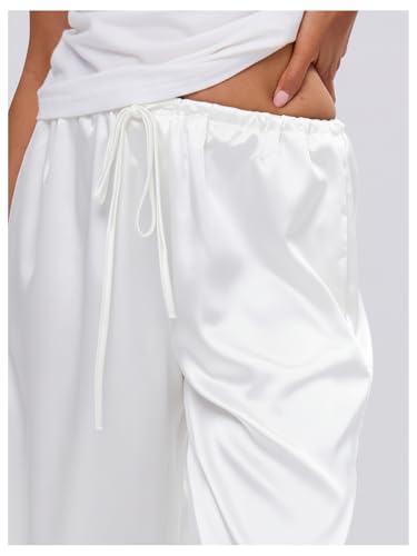 Image of MakeMeChic Women's Summer Satin Silk Pants Casual Flowy Pants Beach Vacation Wide Leg Pants