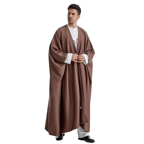 Muslim Men's Pure Color Long Sleeves Bisht Cardigan Robe Ramadan Eid Thobe (Coffee, Medium)2