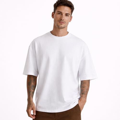 Image of Men's Oversized Round Neck Cotton T-Shirt for Men | Premium Soft Cotton Casual Loose Fit Half Sleeve Plain Tee Shirt