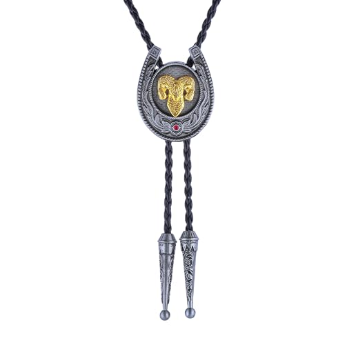 Image of Bolo Tie for Men Women Cowboy Turquoise Celtic Natural Tiger Eye Stone Longhorn Bull Western Leather Bolo Necktie