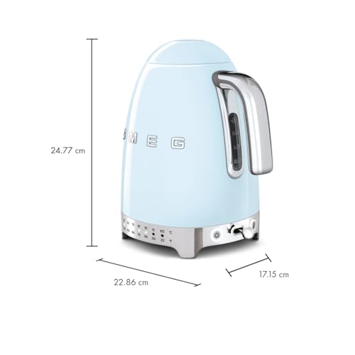 Image of SMEG Variable Temperature Electric Kettle 1.7L (7 Cup), Stainless Steel Tea & Coffee Kettle, Fast Boil, Adjustable Temp 122F-212F, Keep Warm, Auto Shut-Off, 360 Base, Retro Style-Pastel Blue
