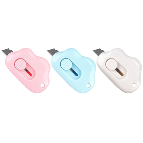 Sanyakti Box Cutter - 3 Pack Retractable Letter Opener Adorable Cloud Tiny Box Cutters Envelope Slitter for Key Chain Pocket Bag Package Envelope Mail Letter Box 2.24 * 1.5 * 0.55inch
