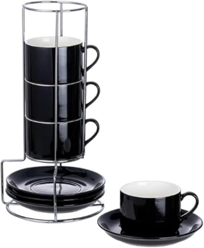 Farigrut ヨーロッパスタイルセラミックコーヒーカップ&ソーサーセット - スタック可能なカップデザイン|4 カップ + ソーサー + スタンド付きアフタヌーンティー専用セット