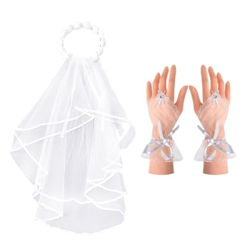 EHDWXVZM 1 pezzo di velo ghirlanda bianco, 1 paio di guanti in pizzo con gancio, velo pompadour multistrato, velo da sposa, velo bordato, velo ghirlanda di rose, accessori da sposa