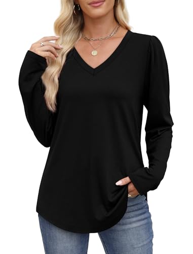OFEEFAN T Shirts for Women V Neck Dressy Casual Blouses Puff Long Sleeve Fall Outfits Tops Loose Fit2