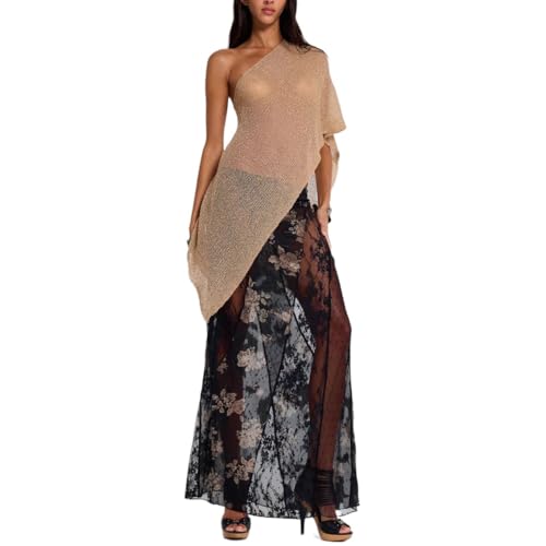 Women Gold Knitted Hollow Out Top Summer Trendy Multiple Ways to Wear Halter Shawl