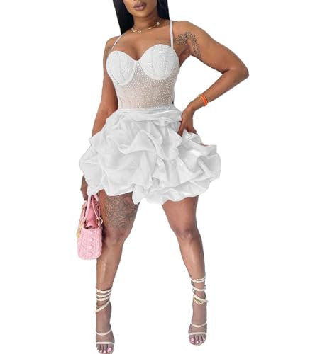Jigfar Mini vestido sexy y elegante para mujer, con diamantes de imitación, para fiesta de cumpleaños, club, malla transparente, 7 Blanco, M