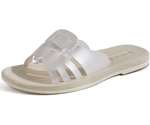 ONCAI Slides Sandalen Damen, Flache für Damen 2025 Modische Sommer Strand rutschfesten Gummisohlen Sandalen Perlweiß Größe 38