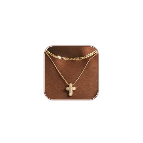 OGD Bubble Cross Necklace for Women 14k Gold Plated Cross Necklace Stackable Dainty Gold Necklace Mariner Chain Necklace CZ Cross Pendant Necklaces Set Simple Jewelry Gift