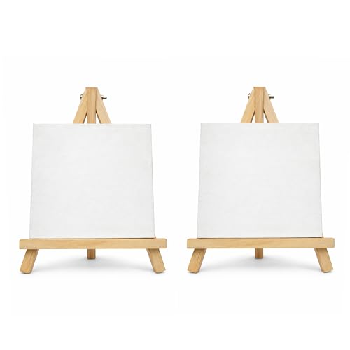 Image of 10 inch Inch Wooden Easel Stand with 6 inch Canvas - Premium Pine Wood Build | Smooth Rounded Top Finish | Rust-Free Brass Hinges | Tabletop Display for Canvas, Photos & Cards (2)