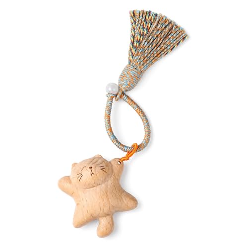 jamow Beech Wood Hanging Charm for Bags, Keys, Car Mirrors, and Desk Decor, Stretching Cat Figure Accessory for Daily Commutes, Evening Lamp Glow, Mindful Styling, and Gifting