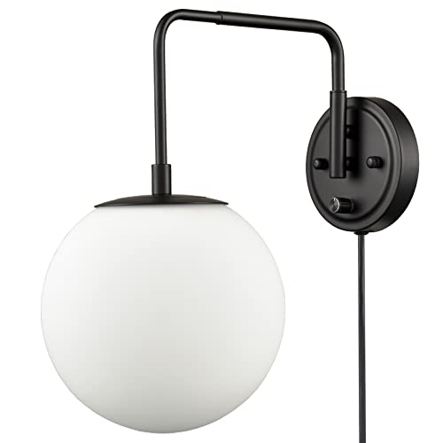 DAYCENT Farmhouse Plug-in Wall Sconces Black Swing Arm Globe Sconces Wall Lighting with On/Off Switch Plug-in Cord