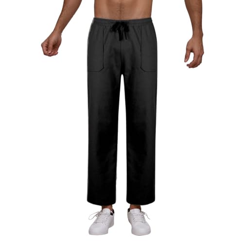 Mens Cotton Linen Pants Drawstring High Waisted Lightweight Straight Leg Pants Casual Loose Beach Pants with Pockets2