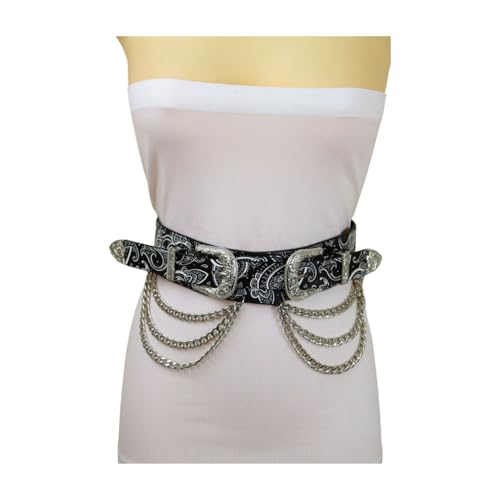 Women Western Fashion Metal Chain Double Buckle Stretch Belt Hip High Waist S M Black Paisley z2193