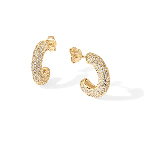 PAVOI 14K Gold Plated 925 Sterling Silver Post Cubic Zirconia Chunky Hoop Earrings - Thick Lightweight Gold Earrings for Women - Fully Studded Hoop3