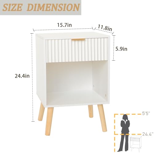 Image of Fultyle White Nightstand, Modern Bedside Table with Drawer and Open Storage, Fluted End Side Table Living Room with Solid Wood Legs for Bedroom (White)