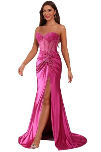 Strapless Prom Dress for Women 2025 Long Satin Rhinestone Formal Gowns with Slit LN703