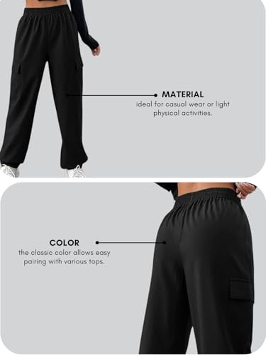 Image of Leriya Fashion Women Poly Lycra High Waist Cargo Pants | Elastic Waist Wide Leg Baggy Trousers for Women | Multi Pocket Casual Streetwear Parachute Style Pants for Girls, Travel, Gym