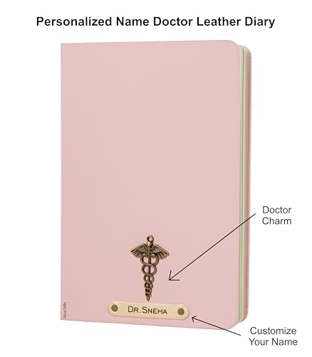 Image of AICA Personalized Name & Charm Doctor Leather Notebook Diary - A5 Size, 180 Ruled Pages (Baby Pink) | Customized Gift for Doctors Retirement Farewell Appraisal Birthday For Men Women Girls Boys