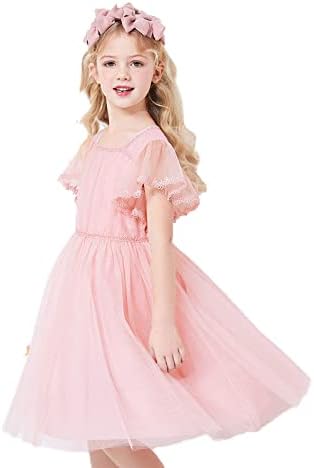 Big Flower Girl Dress Tulle Ruffle Short Sleeve A-Line Princess Pink Party Tutu Tulle Summer Vintage Dress 12-14 Years