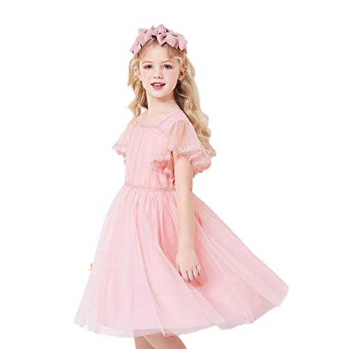 Toddler Flower Girl Dress Tulle Ruffle Short Sleeve A-Line Princess Pink Party Tutu Tulle Summer Vintage Dress 4T