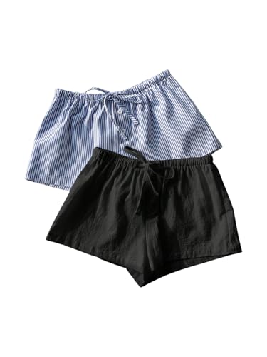 Image of MakeMeChic Women's 2 Pack Linen Shorts Striped Gingham Boxer Shorts | Summer, Beach Shorts, Cover Up, Pajama, Lounge