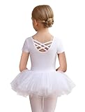 MdnMd Short Sleeve Dance Ballet Tutu Shiny Colorful Skirt Leotard Ballerina Outfit Costume for Girls Kids (White, 6-8 Years)